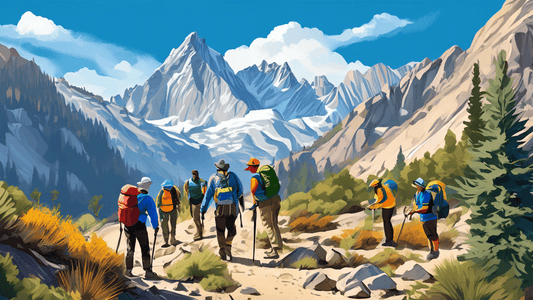 A digital painting of diverse hikers collaborating on trail restoration and planting native species on the scenic John Muir Trail, with a backdrop of majestic Sierra Nevada peaks under a clear blue sk