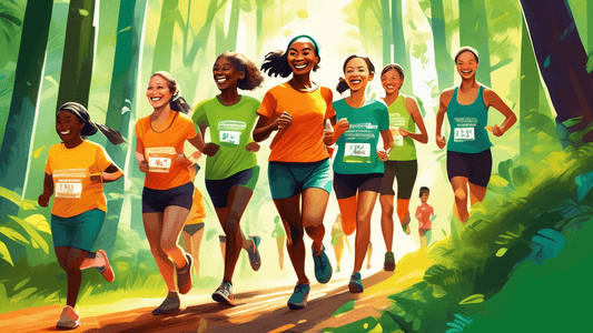 Create a vibrant digital painting of a diverse group of people of various ages and ethnicities joyfully participating in a trail running event in a lush, green forest with sunlight filtering through t