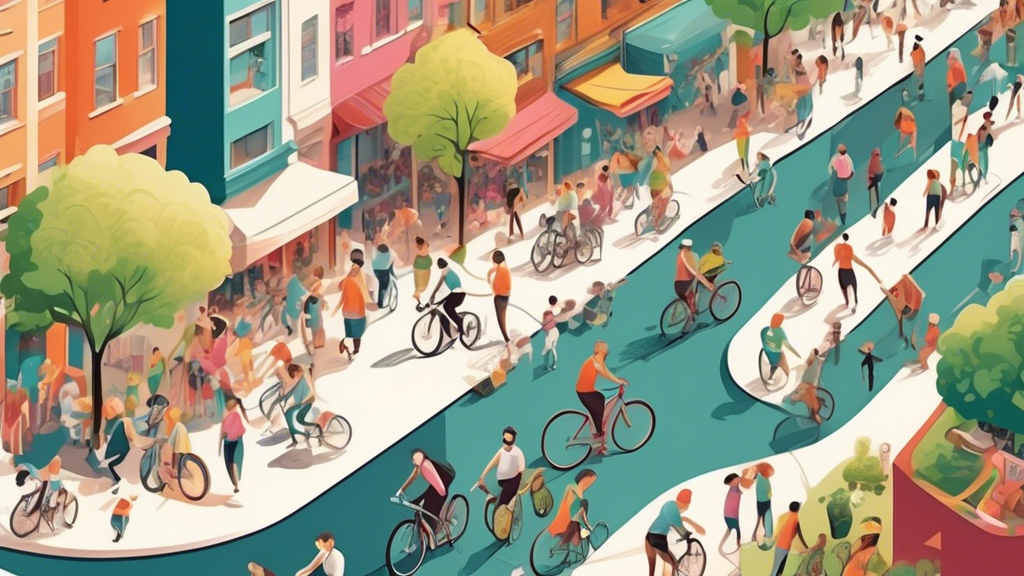 An aerial view of a bustling city with a new scenic bike trail, showing people of various ages cycling, jogging, and walking, and nearby cafes and shops thriving with customers enjoying the outdoor at