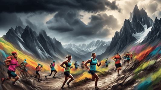 A panoramic view of diverse athletes competing in a grueling, high-altitude trail running event, with jagged mountains under a stormy sky in the background, capturing the essence of physical and menta