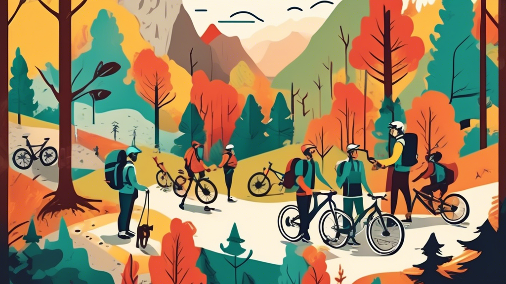 An illustration of diverse people discussing over a map, with mountain bikes and hiking gear, set in a cozy woodland meeting area with banners displaying partnership logos.