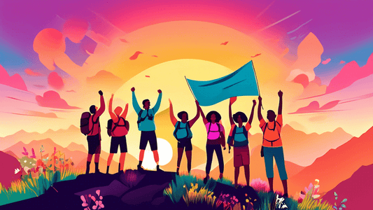 A group of diverse hikers of various ages and ethnicities celebrating at the summit of a mountain with a vibrant sunset in the background, holding a 'Congratulations' banner, surrounded by panoramic v