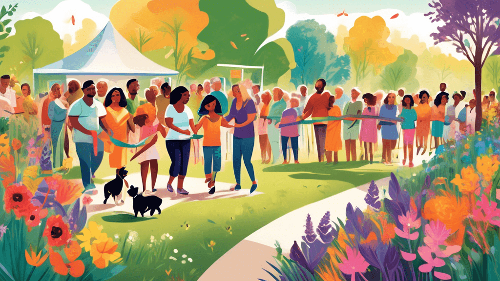 Vibrant illustration of a diverse group of people, including families and pets, joyfully participating in a ribbon-cutting ceremony for the grand opening of a new community walking trail surrounded by