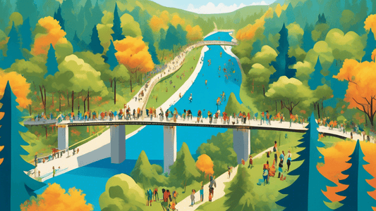 An aerial view of people of diverse ages and ethnicities celebrating the grand opening of a newly completed scenic trail, showcasing bridges connecting previously disjointed paths through a lush fores