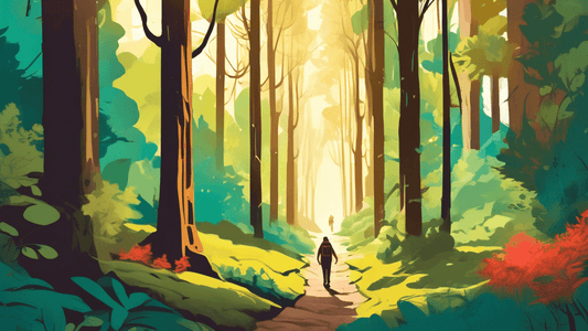 A serene, picturesque landscape featuring a lone hiker on a lush, less-traveled forest trail, with sunlight filtering through tall, ancient trees and a map in the hiker's hand, illustrating hidden pat