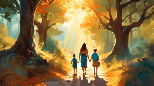 An enchanting digital painting of a family exploring an old heritage trail, surrounded by ancient trees, historical signage, and sunlight filtering through the leaves, capturing the essence of discove