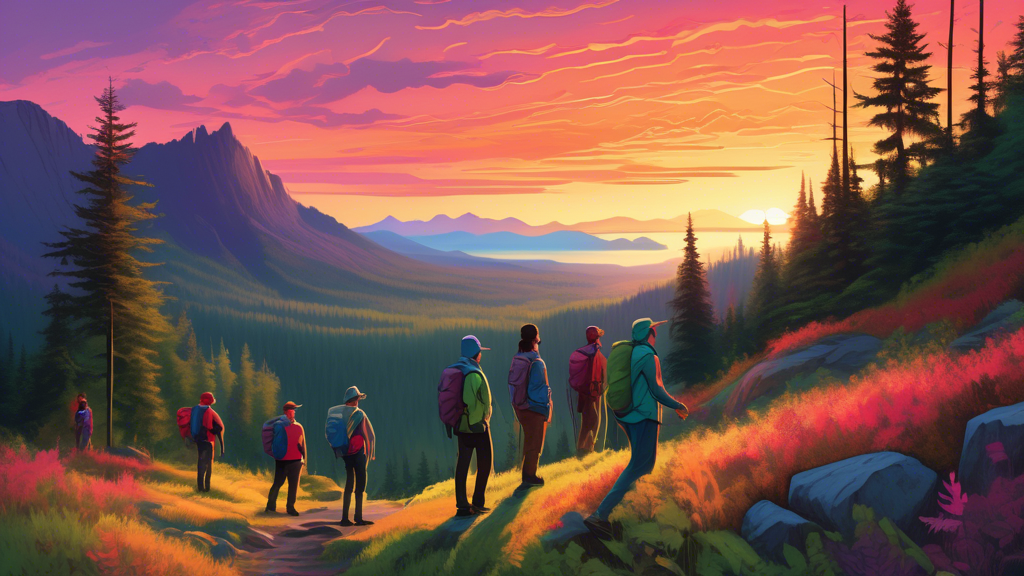 An enchanting dawn on the Superior Trail, with a diverse group of hikers admiring the panoramic view of lush forests and distant mountains, under a vibrant, softly lit sky.