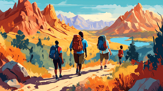 Digital painting of a family of diverse ethnicities hiking on a scenic trail, with the background displaying a variety of American landscapes such as mountains, forests, and deserts under a clear blue