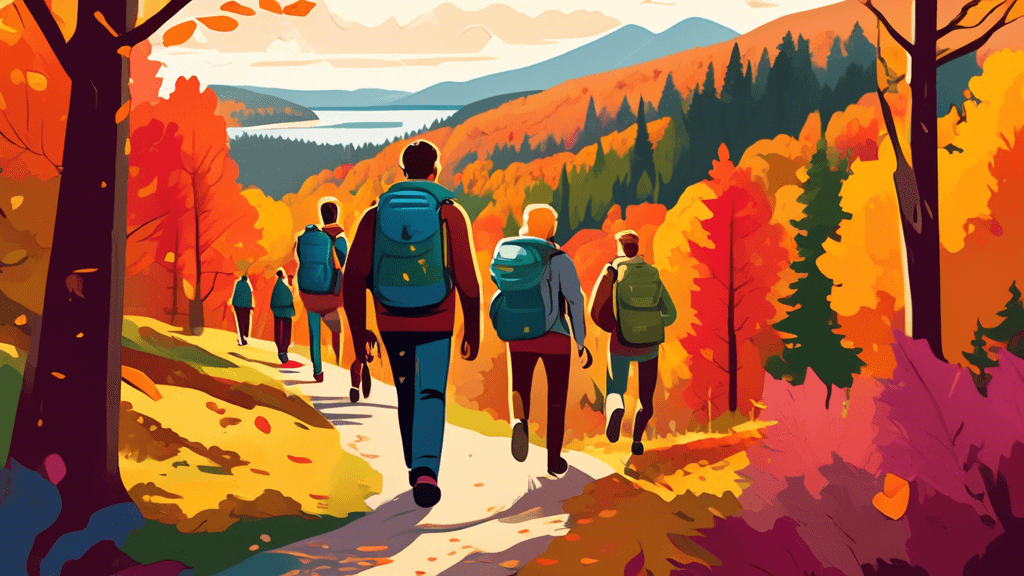 Digital artwork of a group of friends happily hiking a scenic trail through vibrant autumn woods, with one carrying a backpack filled with local craft beer bottles, all overlooking a picturesque valle