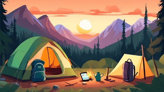 An illustrative digital image of a serene camping scene featuring a well-organized campsite with a tent, backpack, map, and smartphone displaying a camping checklist, set against a backdrop of a lush 