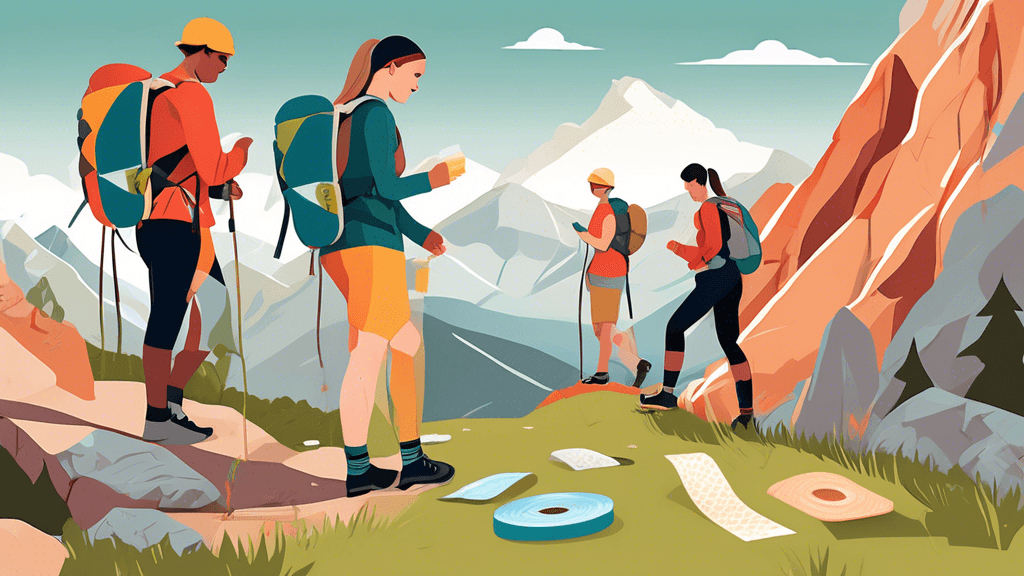 An illustration of a group of hikers applying blister prevention tape on their feet in a scenic mountain landscape, with detailed labels showing different techniques and materials used for blister pro