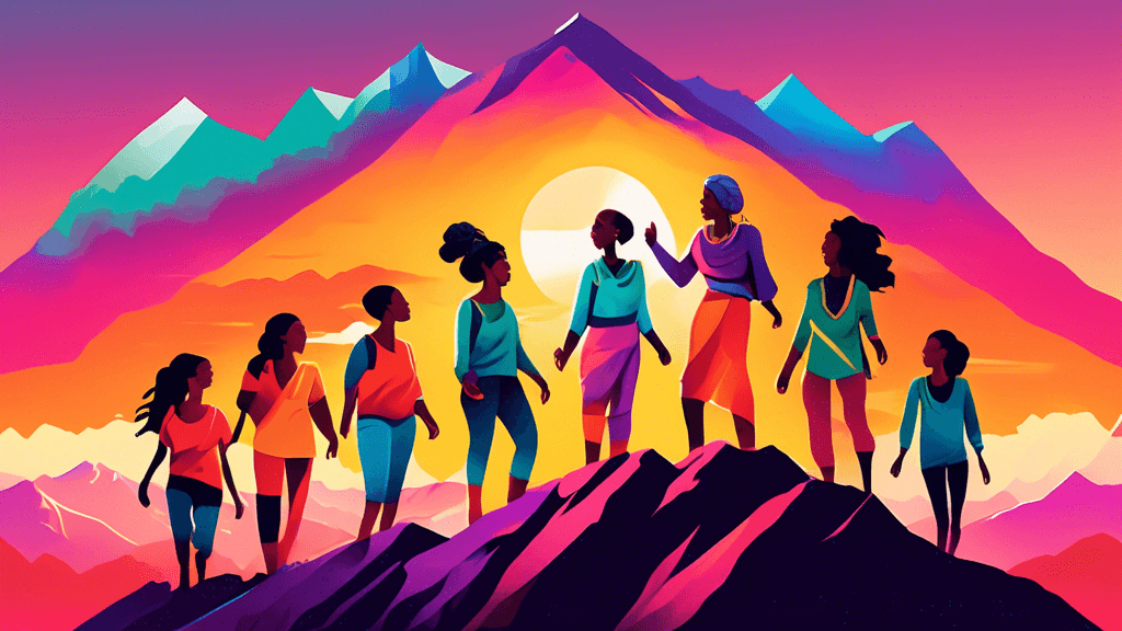 An inspiring digital artwork depicting a diverse group of women of various ages and ethnicities conquering a mountain peak together, with vibrant colors highlighting their determination and joy, set a