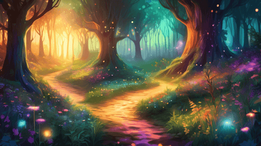 Digital painting of a mystical forest trail at sunset, featuring shimmering lights and mythical creatures like fairies and unicorns, surrounded by lush green trees and colorful wildflowers.