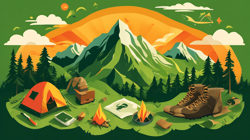 An illustrated map of a mountain range, with icons representing different aspects of backpacking such as a tent, campfire, backpack, hiking boots, and a compass, set against a backdrop of lush green f