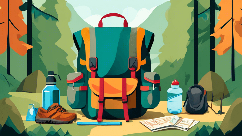 An illustration of a backpack open with neatly organized hiking essentials such as a water bottle, map, compass, lightweight tent, sleeping bag, and hiking boots surrounded by a scenic forest backgrou