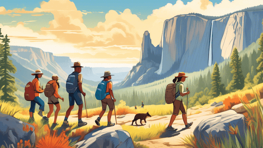 A vibrant, panoramic illustration of a family of diverse backgrounds happily hiking through a variety both lush and arid landscapes of several American National Parks, showcasing prominent features li