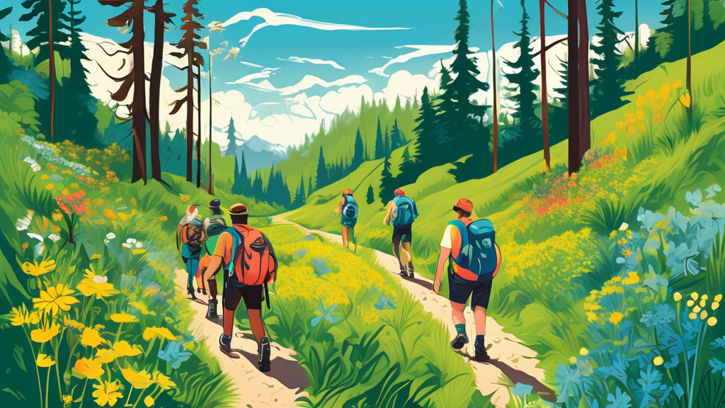 A vibrant, eye-catching illustration of a diverse group of hikers exploring a lush green trail dotted with wildflowers, winding through a majestic forest under a bright blue sky, with informational si