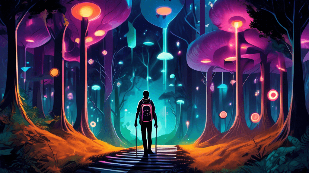 An adventurous hiker with a futuristic backpack standing at a fork on a lush, well-trodden forest trail, deciding which path to take, with mysterious, glowing symbols floating over each path, under a 