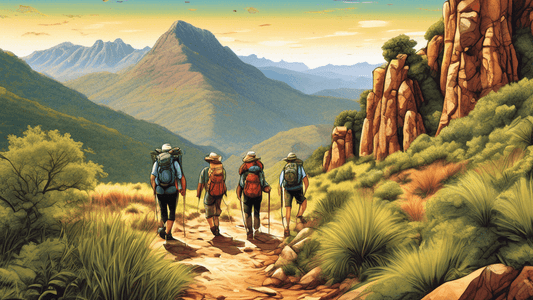 An artistic depiction of a diverse group of hikers exploring five famous trails around the world, each trail beautifully illustrated to show its unique environment and characteristics, from the lush g