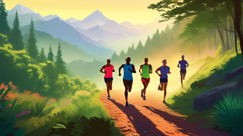 An early morning scene of a diverse group of trail runners jogging through a lush, scenic mountain trail, with sunlight streaming through the trees and a distant view of a mist-covered valley.