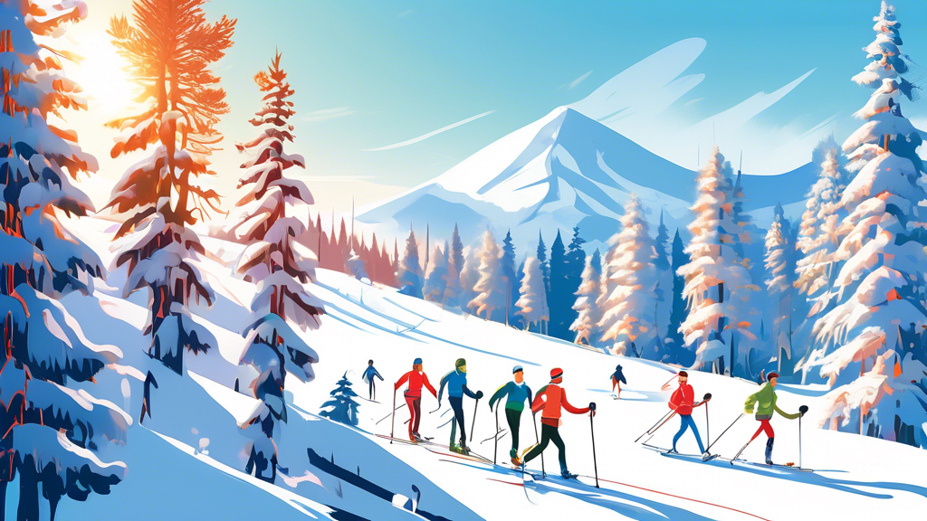An idyllic snowy landscape with a diverse group of people of various ages joyfully Nordic skiing along a winding forest trail, their faces glowing with health and happiness, surrounded by snow-covered