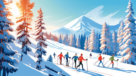 An idyllic snowy landscape with a diverse group of people of various ages joyfully Nordic skiing along a winding forest trail, their faces glowing with health and happiness, surrounded by snow-covered