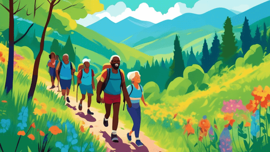 Vibrant digital artwork of a diverse group of people of different ages and ethnicities joyously hiking together on a lush, green forest trail under a bright blue sky, with distant mountains in the bac