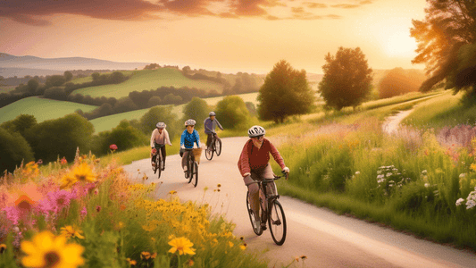 An idyllic countryside landscape at sunset, with a group of diverse cyclists, both young and old, riding together on a curving path lined with wildflowers and trees. In the background, there are rolli