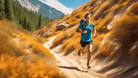 Create an image of a vibrant, athletic person with a joyful expression, trail running across a composite landscape that transitions from a lush green forest to a rocky mountain path, and then to a san