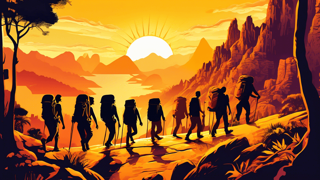 An artistic portrayal of a diverse group of backpackers exploring different terrains around the globe—mountains, forests, and ancient city ruins under a golden sunset.