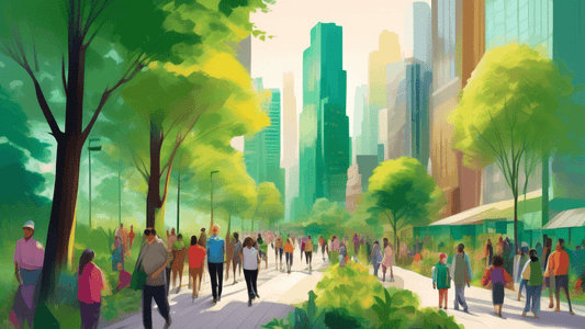 Digital painting of a bustling cityscape transitioning into a serene forest trail, showcasing diverse people of all ages enjoying the accessible green path amidst skyscrapers.