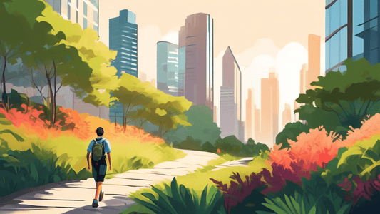 An adventurous person hiking along a beautifully landscaped urban trail with skyscrapers in the background, calming greenery surrounding the path, and soft morning light illuminating the scene.