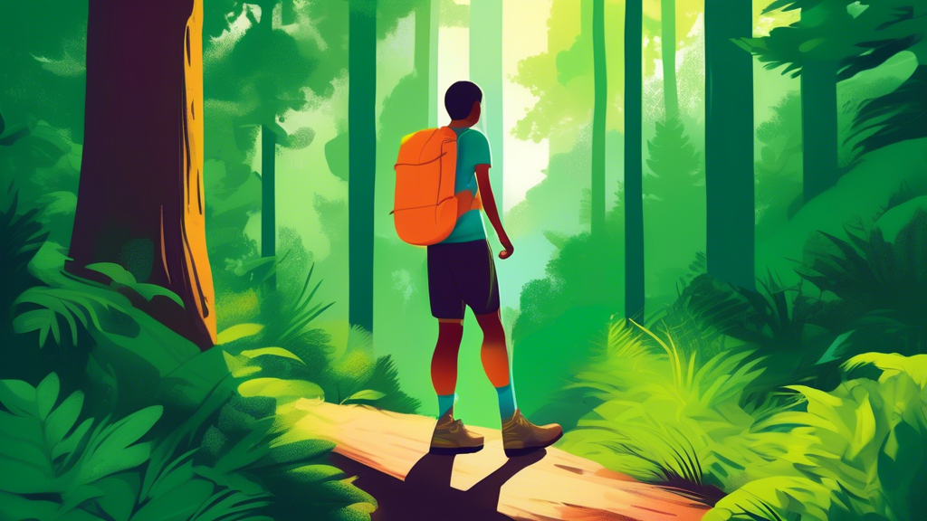 A serene digital artwork of a former athlete, swapping their track shoes for hiking boots, standing at the beginning of a lush, green forest trail, with light filtering through the treetops, conveying