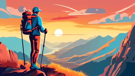 An adventurous hiker equipped with the latest high-tech gear, including a GPS smartwatch, lightweight backpack, and durable walking poles, standing on a rugged mountain trail overlooking a scenic vall