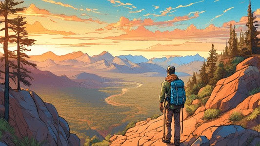 An adventurer with a backpack standing on a scenic overlook, gazing at the vast, winding path of the Pacific Crest Trail stretching through diverse landscapes including lush forests, arid deserts, and