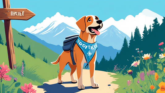 An animated image of a friendly dog wearing a hiking backpack and a bandana, standing on a scenic mountain trail surrounded by lush greenery and colorful wildflowers, with a clear blue sky overhead. T