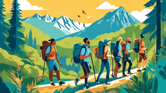 Create an illustration showing a diverse group of hikers trekking through a scenic trail in a lush, vibrant forest. They are wearing matching t-shirts with an inspirational logo and carrying eco-frien