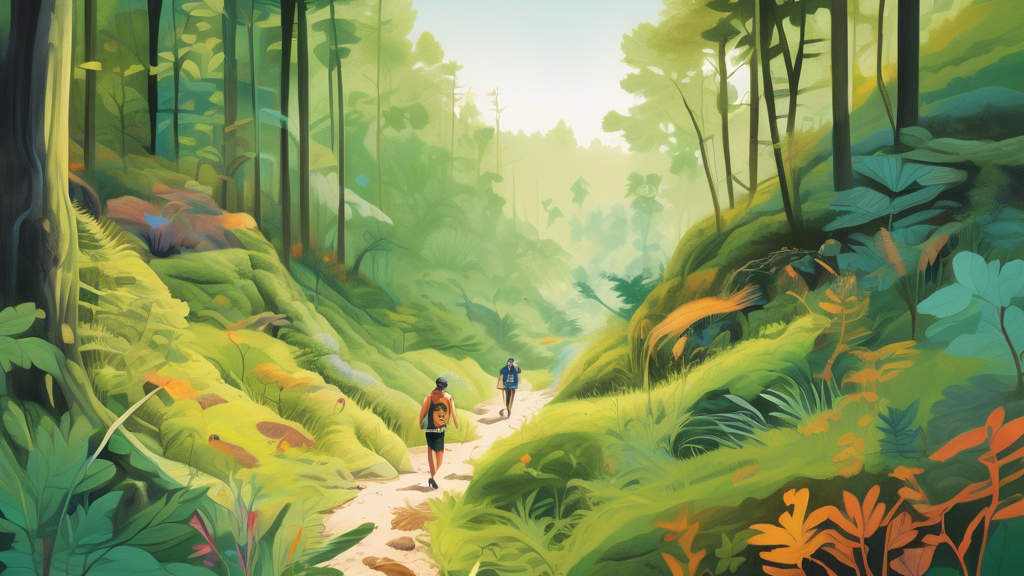 A serene landscape painting showing a diverse forest ecosystem with small animals and lush greenery, divided by a winding trail with subtle signs of erosion and a distant figure of a single trail runn