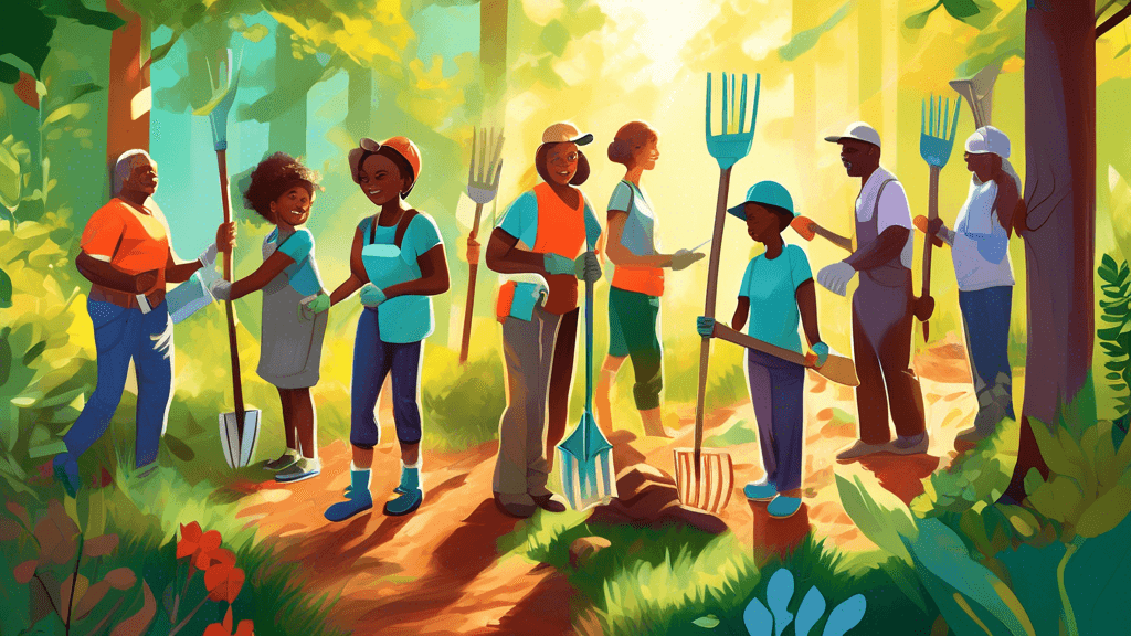 A vibrant digital painting of a diverse group of people of different ages and backgrounds, wearing gardening gloves and holding tools like shovels and rakes, working together to repair and maintain a 