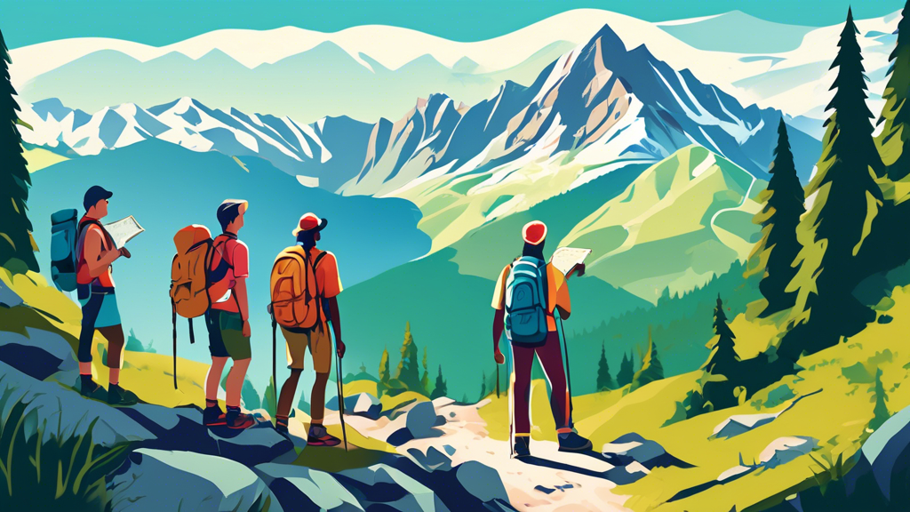 A group of diverse hikers with backpacks looking at a map on a rugged mountain trail, surrounded by lush green forests and distant snow-capped mountains under a clear blue sky.