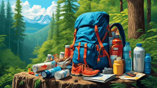 An intricately detailed digital painting of a backpack overflowing with hiking essentials such as a water bottle, map, compass, first aid kit, and snacks, set against the backdrop of a lush, vibrant f