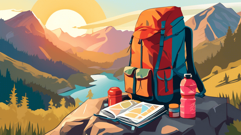 An illustrated guide showing a backpack filled with essential hiking gear such as a water bottle, map, compass, and snacks, set against a backdrop of a beautiful mountainous trail during sunrise.