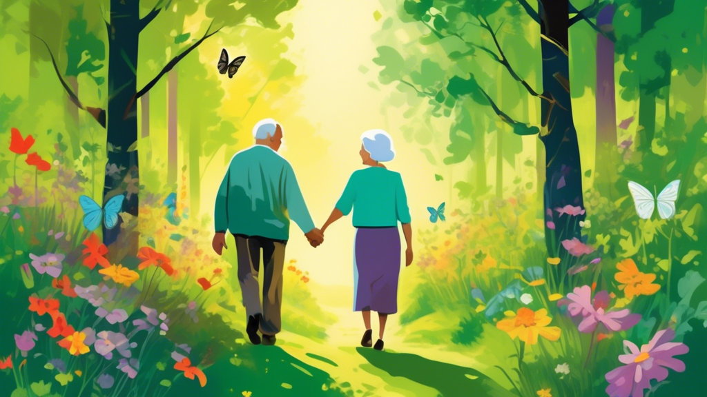 An elderly couple walking hand-in-hand on a lush, green forest trail, sunlight filtering through the trees, surrounded by blooming wildflowers and butterflies, evoking a sense of rediscovery and timel