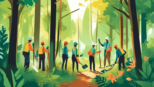 Volunteers participating in trail restoration in a lush green forest, surrounded by tall trees with sunlight filtering through the leaves, wearing gloves and holding tools like shovels and rakes, with