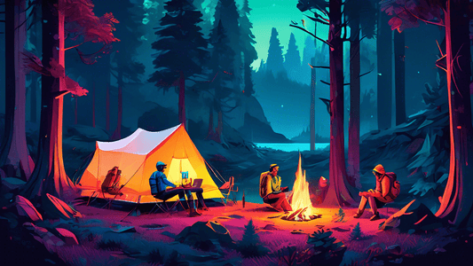 An enchanting forest campsite at dusk featuring a group of modern explorers using futuristic camping gear such as glowing tents, a high-tech portable stove, and advanced wearable technology for hiking