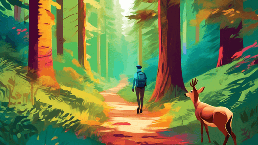 A serene forest pathway with informational signs detailing safety tips for encountering various wildlife, featuring a hiker observing a distant deer, rendered in a vibrant, digital painting style.