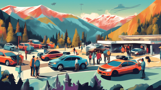 Digital illustration of a busy trailhead parking lot with hikers using various advanced locking mechanisms and security devices on their cars, including an alarmed car cover, biometric locks, and CCTV