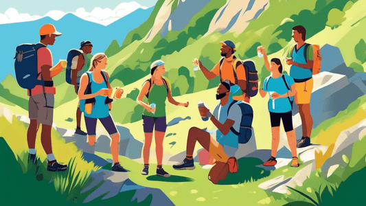 An enthusiastic group of hikers with diverse backgrounds sharing healthy snacks and refilling water bottles at a picturesque mountain summit, with clear blue skies and lush green scenery in the backgr