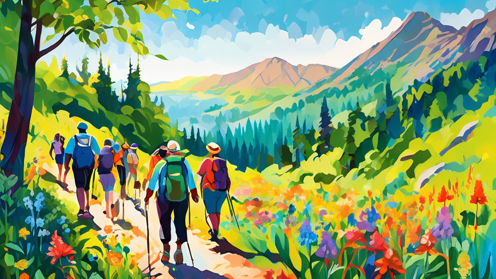 Vibrant painting of diverse group of people of all ages hiking on a sunlit mountain trail, surrounded by lush green trees and wildflowers, with a clear blue sky above.