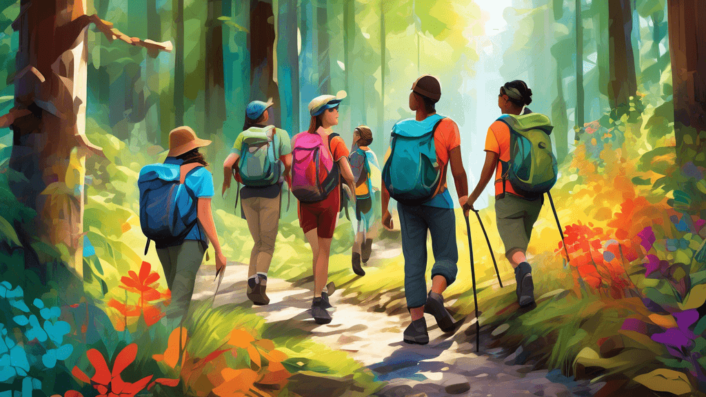 Create an artistic digital painting of a diverse group of hikers exploring a vibrant, multi-sensory trail that winds through a lush forest. The scene should include sensory elements such as colorful f